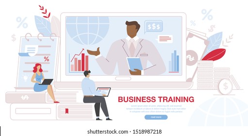 Business Training Event, Remote Corporate Teaching, Meeting Learn People Webinar Online Manager Conference At Computer. Employees Training Session Cartoon Flat Vector Illustration, Horizontal Banner