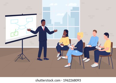 Business training flat color vector illustration. Corporate office. Professional workshop. Marketing master class. Businesspeople 2D cartoon characters with company interior on background