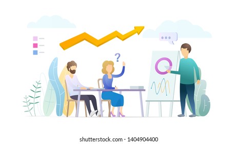 Business training flat vector illustration. Sales pitch, presentation. Financial coach, trainer, mentor cartoon character. Stock market analytics, statistics. Conference, seminar, lecture concept.