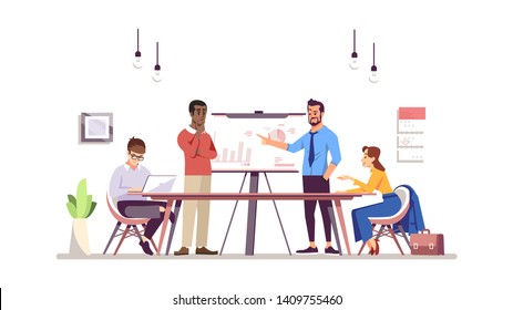 Business training flat vector illustration. Corporate training, conference, business meeting. Coworkers, partners, colleagues discussing task isolated cartoon characters. Office work, teamwork concept