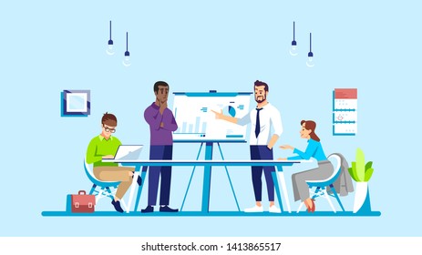 Business training flat vector illustration. Corporate meeting, conference, business course. Coworkers, partners, colleagues discussing task isolated cartoon characters. Office work, teamwork concept