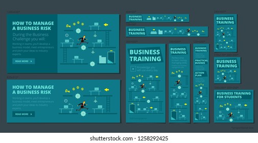 Business training game and competition. A set of banners all standard sizes for web. Dark blue version.