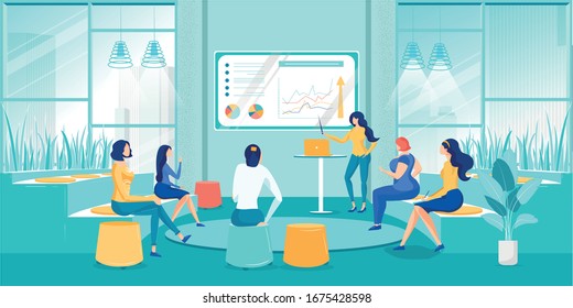 Business Training Group Courses for Women Cartoon. Businesswomen Look at Female Presenter Reporting Showing Analytics Graphs and Charts on Digital Monitor. Conference Meeting. Vector Flat Illustration