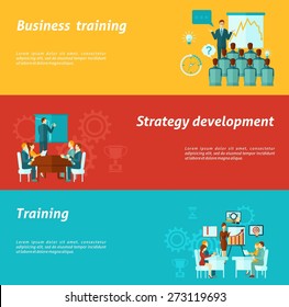 Business training horizontal banners set with strategy development elements isolated vector illustration