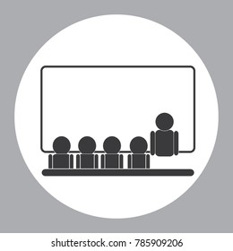 Business training icon in the classroom with blackboard and gray silhouettes in the light circle