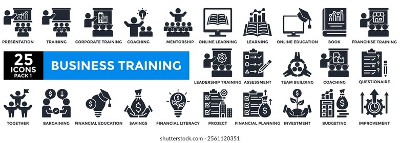 Business training icon collection set.Containing presentation,training,coaching,mentorship, online learning ,online education icon.Simple solid vector illustration