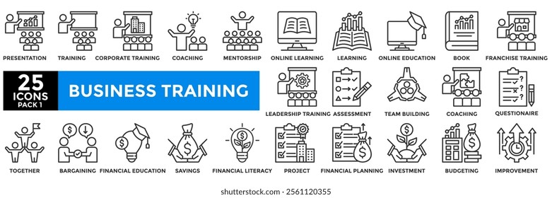 Business training icon collection set.Containing presentation,training,coaching,mentorship, online learning ,online education icon.Simple line vector illustration