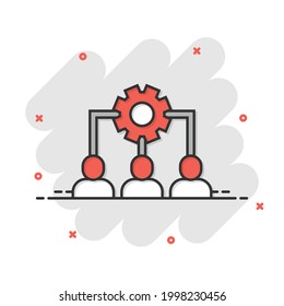 Business training icon in comic style. Gear with people cartoon vector illustration on white isolated background. Employee management splash effect concept.