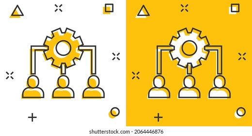 Business training icon in comic style. Gear with people cartoon vector illustration on white isolated background. Employee management splash effect concept.