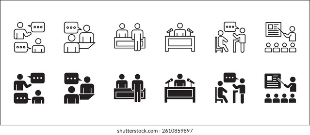 Business training icon set. Business coaching and education icons. Contains symbol of management, lecture, mentoring, expert, qualification, qualified worker, learning, selection. Vector illustration