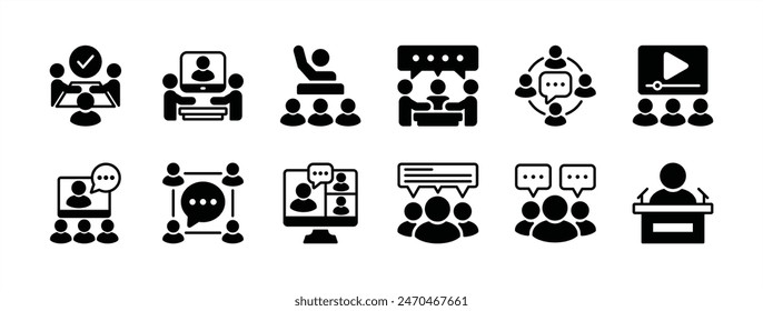 Business training icon set. Containing conference, presentation, education, coaching, communication, discussion, meeting, learning, online video, classroom. Vector illustration