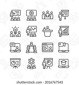 Business training icon set. Contains such Icons as presentation, seminar, meeting, and more. Line style design. Vector graphic illustration. 