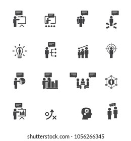 Business training icon set. Flat design icons for business, consulting, finance, management, career, human resources.
