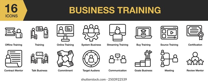 Business Training icon set. Includes certification, commitment, goal business, meeting, online training, training, and More. Outline icons vector collection.