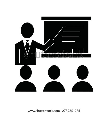 Business training icon vector in black glyph style. Teacher or speaker presentation on chalkboard pointing to lines, audience or students listening. Suitable for corporate training, education seminar, workshop, conference, and lecture isolated on white background.