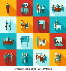 Business training icons flat set with presentation and seminar for workers symbols isolated vector illustration