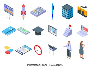 Business training icons set. Isometric set of business training vector icons for web design isolated on white background