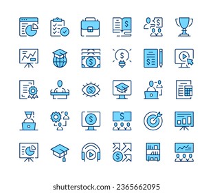 Juego de iconos de formación profesional. Iconos de la línea del vector. Símbolos de trazo de contorno de color azul. Conceptos modernos
