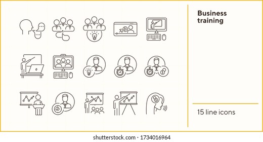 Business training icons. Speaker, group of speakers, training on screen. Training concept. Vector illustration can be used for topics like education, internet, business