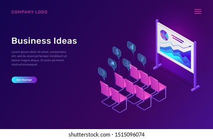 Business training or ideas isometric concept vector illustration. Empty class for corporate seminar, conference or staff training, board with graphs, chairs with speech bubble icons in auditorium