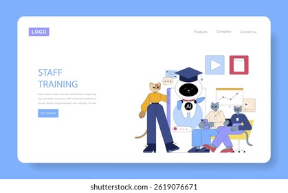 Business training illustration showcasing an interactive session. Characters are engaged in a learning environment with AI integration. Focus on modern techniques and collaboration in staff education
