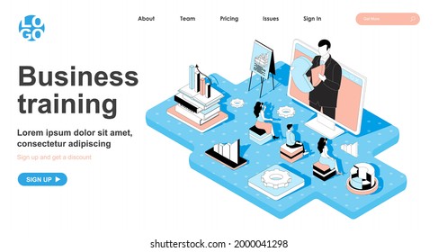 Business training isometric concept. Coach teaches company employees, professional development courses, education line flat isometry web banner. Vector illustration in 3d design for landing page