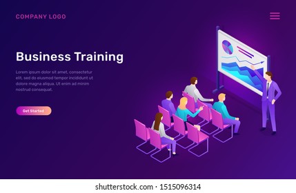 Business training isometric concept vector illustration. Corporate seminar, conference or staff training, speaker gives presentation near board with graphs, employees sit on chairs in auditorium