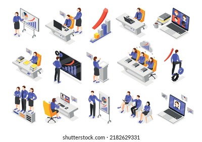 Business training isometric icons set with organization consulting and professional growth symbols isolated vector illustration