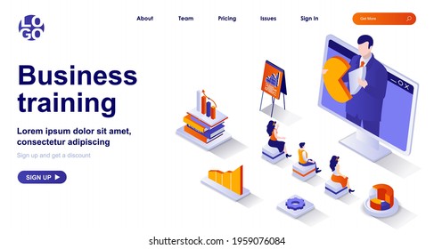 Business training isometric landing page. Professional development isometry concept. Colleagues on course watch teacher webinar 3d web banner. Vector illustration with people characters in flat design