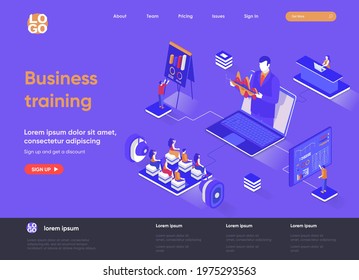 Business training isometric landing page. Business workshop, online webinar with coach isometry concept. Professional skills development flat web page. Vector illustration with people characters.