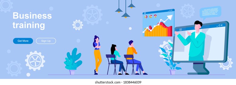 Business Training Landing Page With People Characters. Online Webinar With Business Coach Banner. Professional Workshop Vector Illustration. Flat Concept Great For Social Media Promotional Materials.