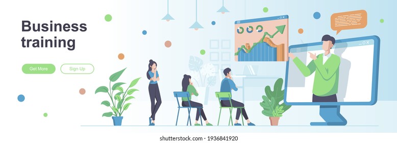 Business Training Landing Page With People Characters. Online Webinar With Business Coach Banner. Professional Workshop Vector Illustration. Flat Concept Great For Social Media Promotional Materials.