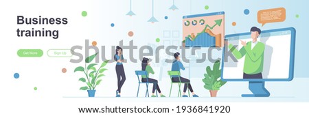 Business training landing page with people characters. Online webinar with business coach banner. Professional workshop vector illustration. Flat concept great for social media promotional materials.