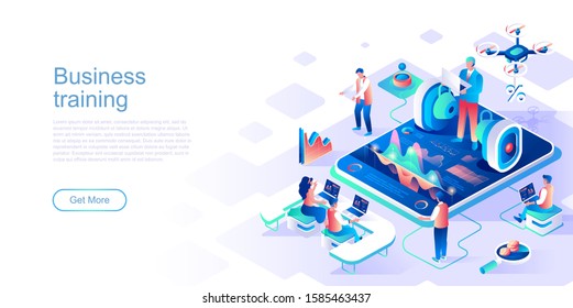 Business training landing page vector template. Coaching session with mentor website header UI layout with isometric illustration. Seminar for employees and executives web banner isometry concept