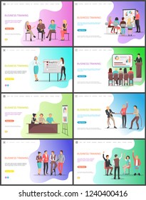 Business training, learning of new tricks company vector. Knowledge sharing and presentation, explanation of concept on whiteboard. Meeting of workers