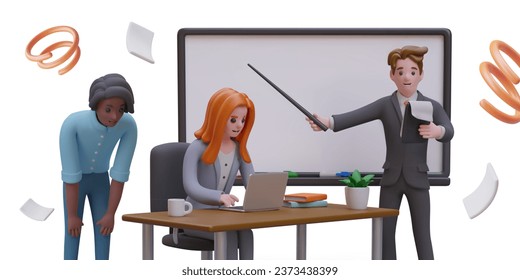 Business training. Lessons for adults. Online advanced training courses. Study of new instructions, technologies. Composition of vector characters. Teacher and students