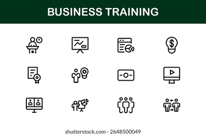Business Training Line Icon Set - Moderne, minimale, professionelle Outline Icons für Coaching, Workshop, Mentorship, Entwicklung und Corporate Skills