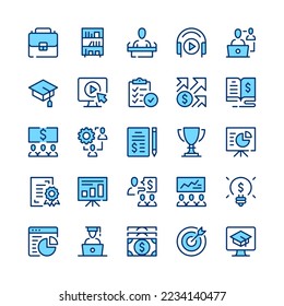 Business training line icons. Blue color. Vector line icons set