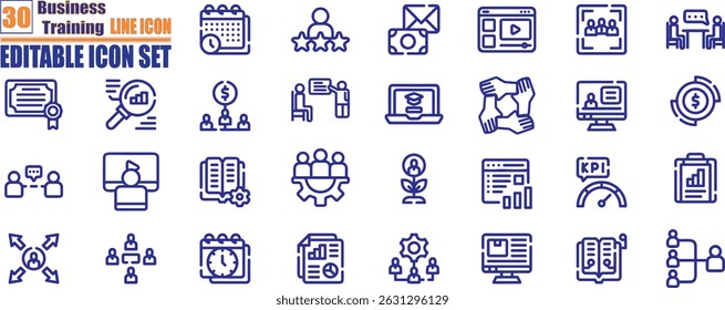 Business training line icons collection. Collection of workshop, coaching, mentoring, education, meeting, teamwork and much more.