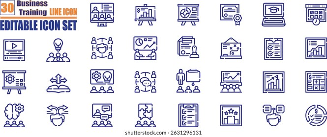 Business training line icons collection. Collection of workshop, coaching, mentoring, education, meeting, teamwork and much more.