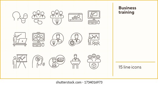 Business training line icons. Trainer, speaker and idea, man and stopwatch. Training concept. Vector illustration can be used for topics like education, internet, business