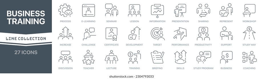 Lineare, signierte Icon-Kollektion für Business Training. Kollektion der signierten Thin-Line-Symbole Zusammenstellung von Business-Schulungen mit einfachen Rahmensymbolen
