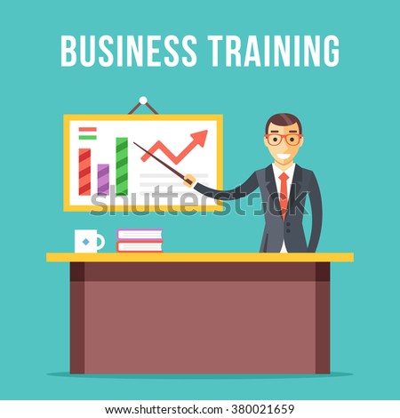 Business training. Man with pointer and presentation board. Flat design graphic for websites, web banners, infographics, printed materials. Front view. Modern vector illustration