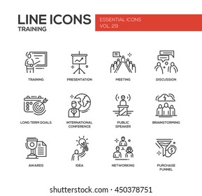 Business training - modern vector plain simple line design icons and pictograms set. Presentation, meeting, discussion, goals, conference, speaker, brainstorm, awards, idea networking purchase funnel