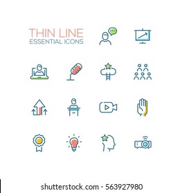 Business Training- modern vector simple thin line design icons and pictograms set with accent color. Speaker, chart, presentation, microphone, achievement, arrow up. Material design concept symbols
