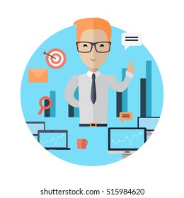 Business training at office banner. Banner successful young man with glasses mentor consultant, coaching and shows business charts and graphs. Success growth data information. illustration