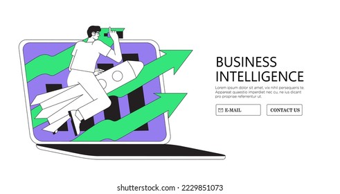 Business training online courses concept for web banner, infographics, advertisement. Character vector illustration. Business school study internet programs in management, entrepreneurship, analytics.