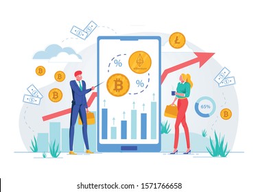 Business Training or Online Learning in Exchange Operations with Surrency. Businessman and Woman Characters Observe Stock Quotes and Profit from Investment in Foreign Currency and Bitcoin Growth.