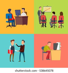 Business training and presentation colorful icons set in cartoon style. Concept  of business success and development. Office computer work and freelance.  Isolated. Vector