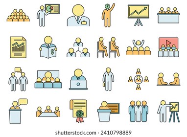 Business training presentation icons set. Outline set of business training presentation vector icons thin line color flat on white